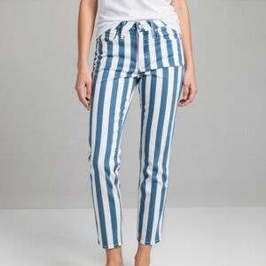 Hollister Blue & White Vertical Carnival Striped High Rise Mom Jeans W24 L25